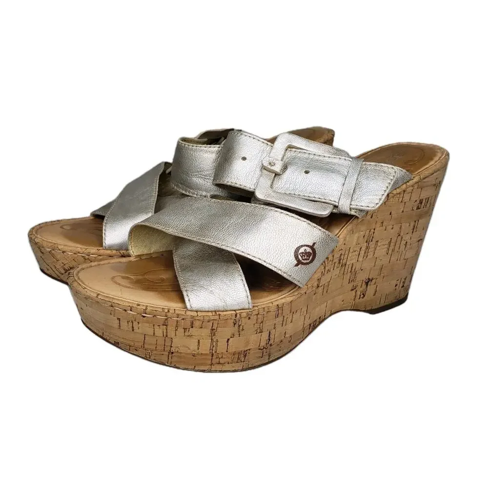 Born Womens 10 High Wedge Platform Light Gold Strappy Cork Sandals Slip Ons